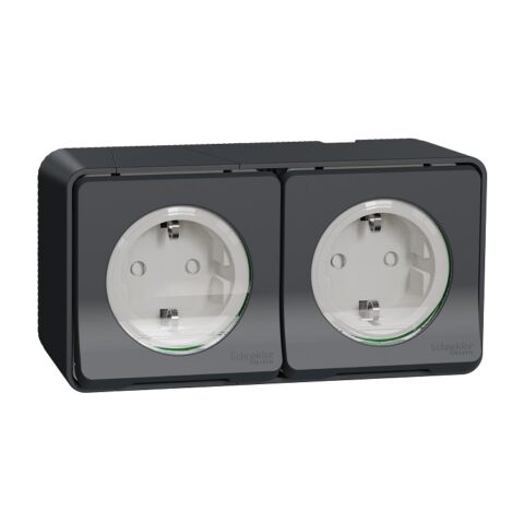 Double prise 2P+T Schuko Mureva Styl - Saillie - Complet - Gris - Connexion auto - IP55 IK08 - MUR36029